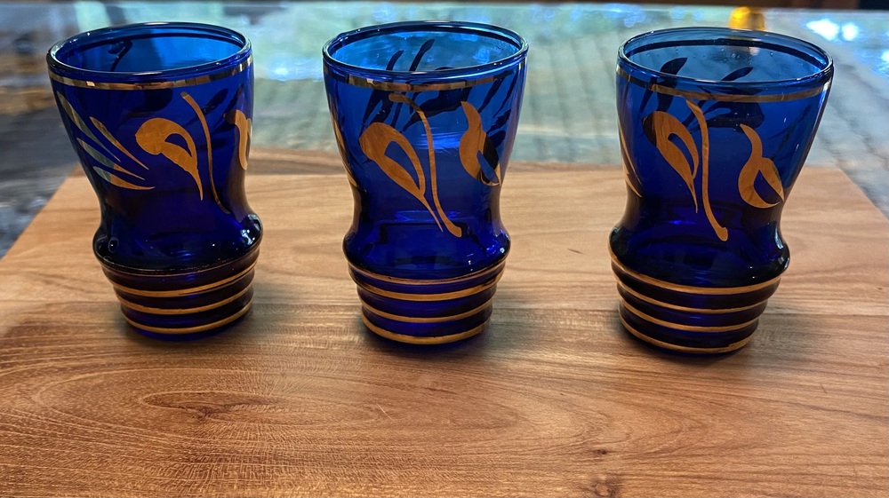 Set of 3 vintage cobalt, blue and gold cordial glasses
